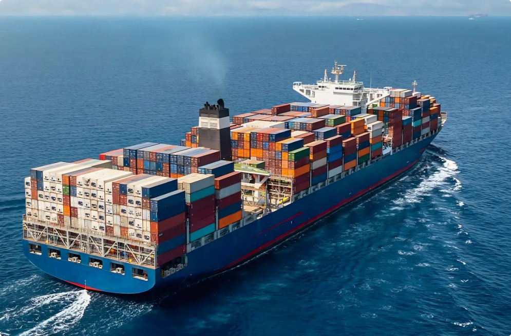 Aerial view of a container ship at sea