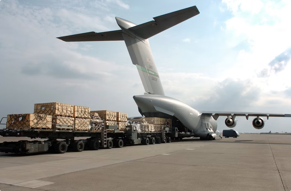 Air cargo being loaded for shipping to France